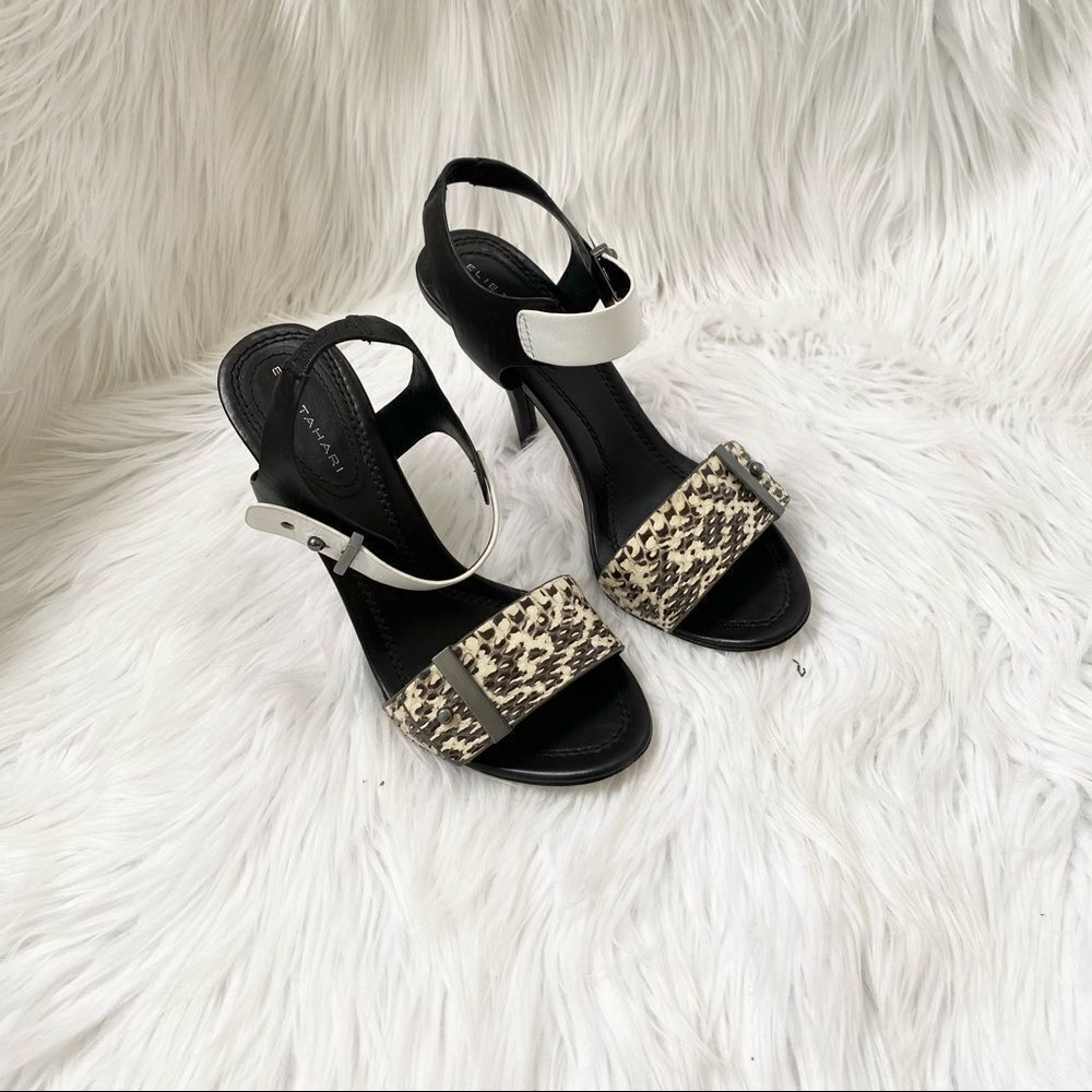 Elie Tahari Black White Snakeskin Heel Sandals 6.5